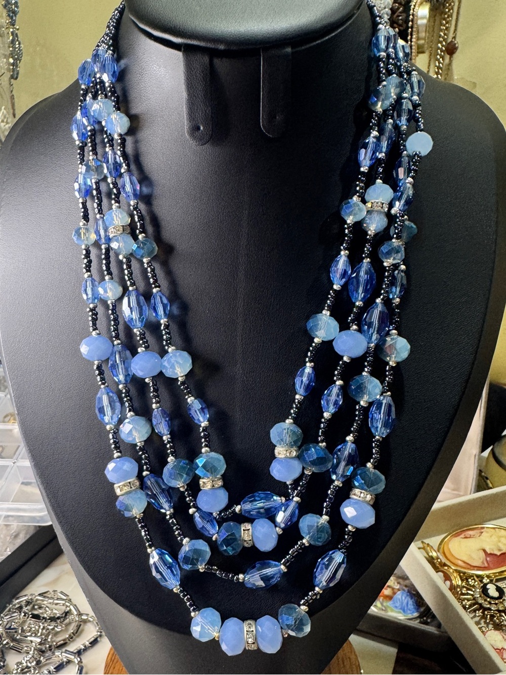 Multi-Strand glass Blue Beaded Statement Necklace